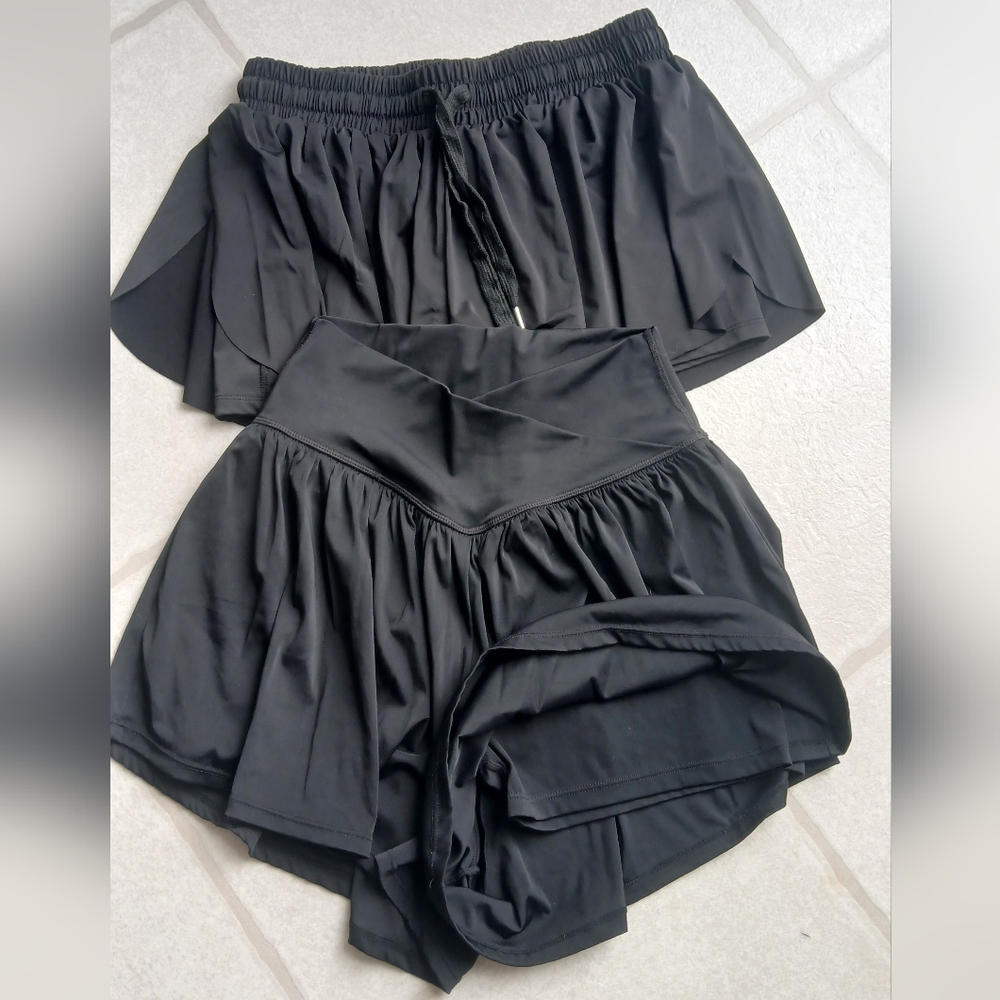 Two Pairs Of Women's Black Flowy Athletic Shorts With Liner And Pocket